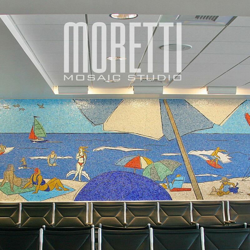 -  Glass and marble mosaic mural.
Artistic concept by Tracy Sabin, Terminal 1 Gates 1&2.