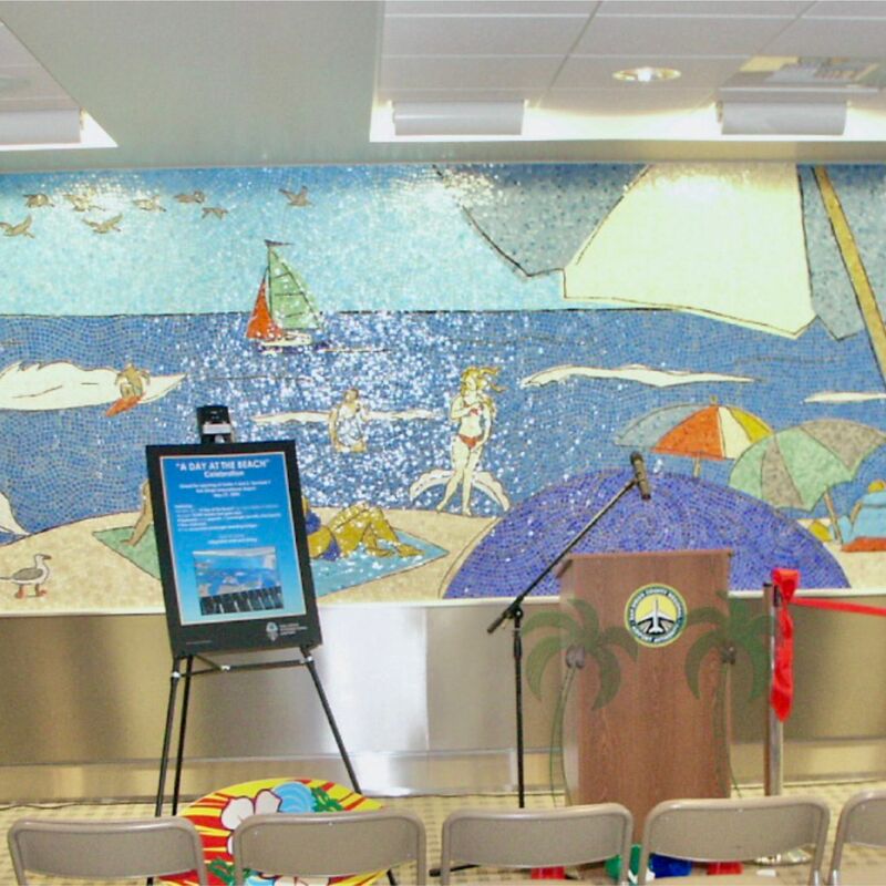 -  Glass and marble mosaic mural.
Artistic concept by Tracy Sabin, Terminal 1 Gates 1&2.