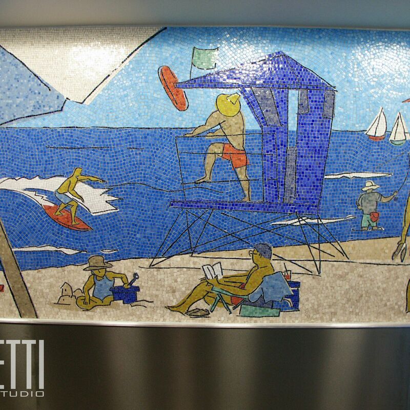 -  Glass and marble mosaic mural.
Artistic concept by Tracy Sabin, Terminal 1 Gates 1&2.