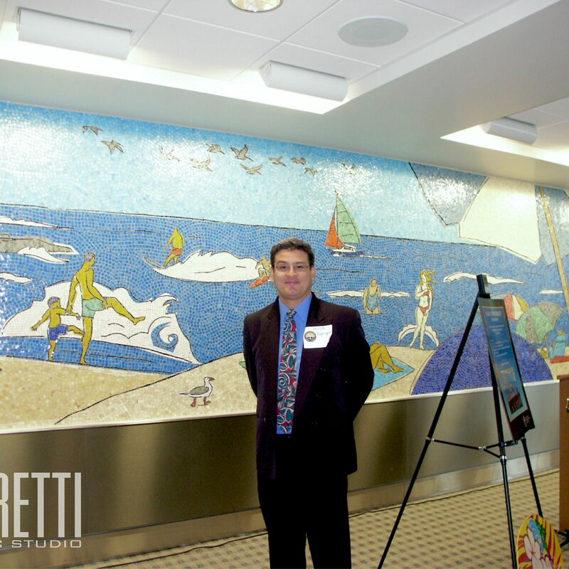 -  Glass and marble mosaic mural.
Artistic concept by Tracy Sabin, Terminal 1 Gates 1&2.