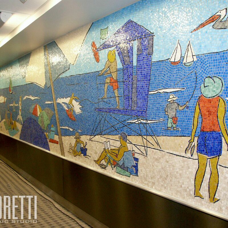 -  Glass and marble mosaic mural.
Artistic concept by Tracy Sabin, Terminal 1 Gates 1&2.