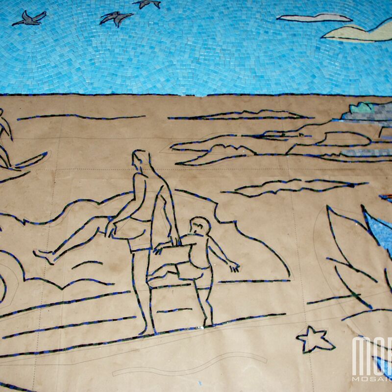 -  Glass and marble mosaic mural in process.