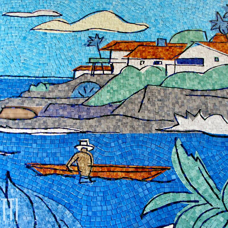 -  Glass and marble mosaic mural.
Artistic concept by Tracy Sabin, Terminal 1 Gates 1&2.