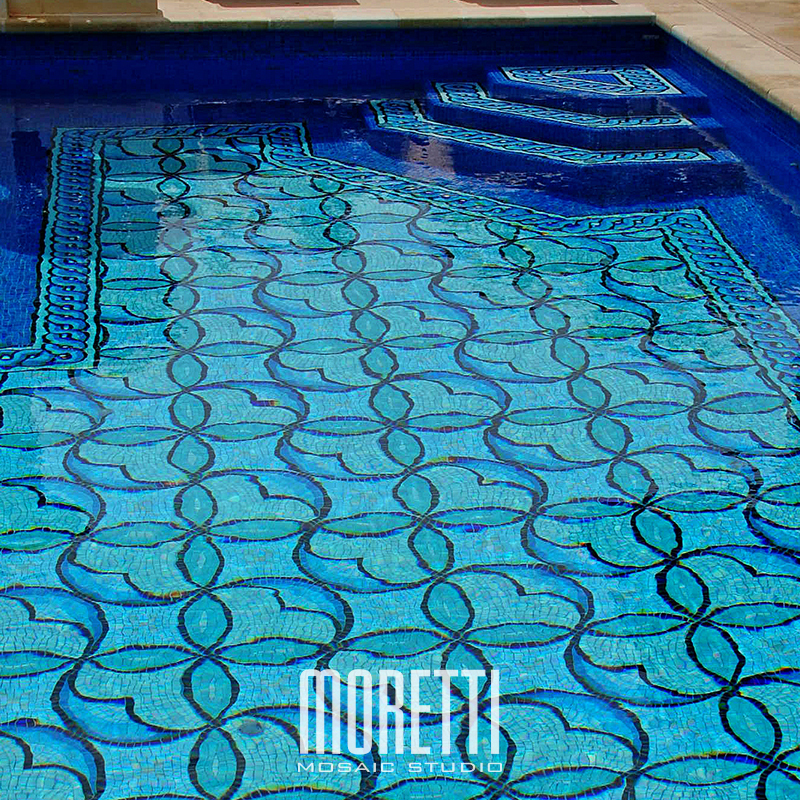 All glass tile pool with custom hand made design.